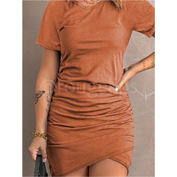 Burnt Orange Mini Tee Shirt Dress Casual Ruched Overlapping Skirt Hem - Picture 5 of 7